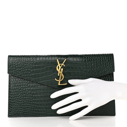 Saint Laurent Calfskin Crocodile Embossed Uptown Monogram Clutch Dark Green 2 of 10