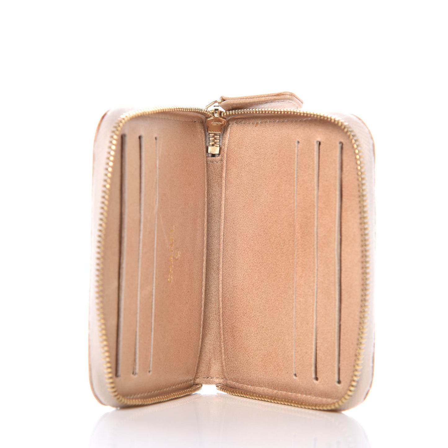 Lambskin Camellia Embossed Zip Around Card Holder Light Beige
