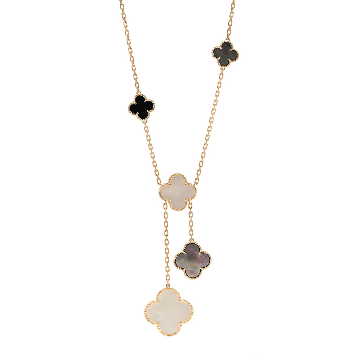 18K Yellow Gold Mother of Pearl Onyx 6 Motifs Magic Alhambra Necklace