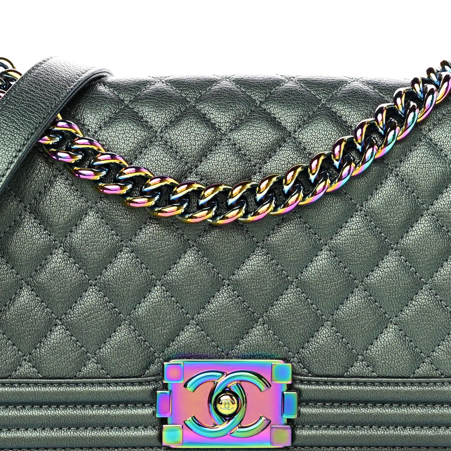 Chanel Iridescent Goatskin Quilted Medium Boy Flap Green 8 of 14