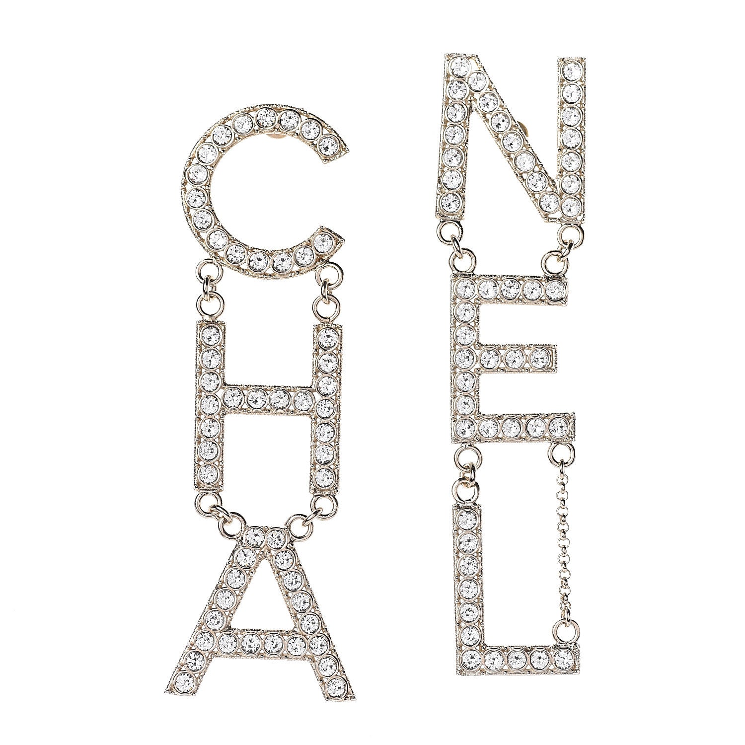 Chanel Crystal Cha-Nel Logo Drop Earrings Gold 1 of 3