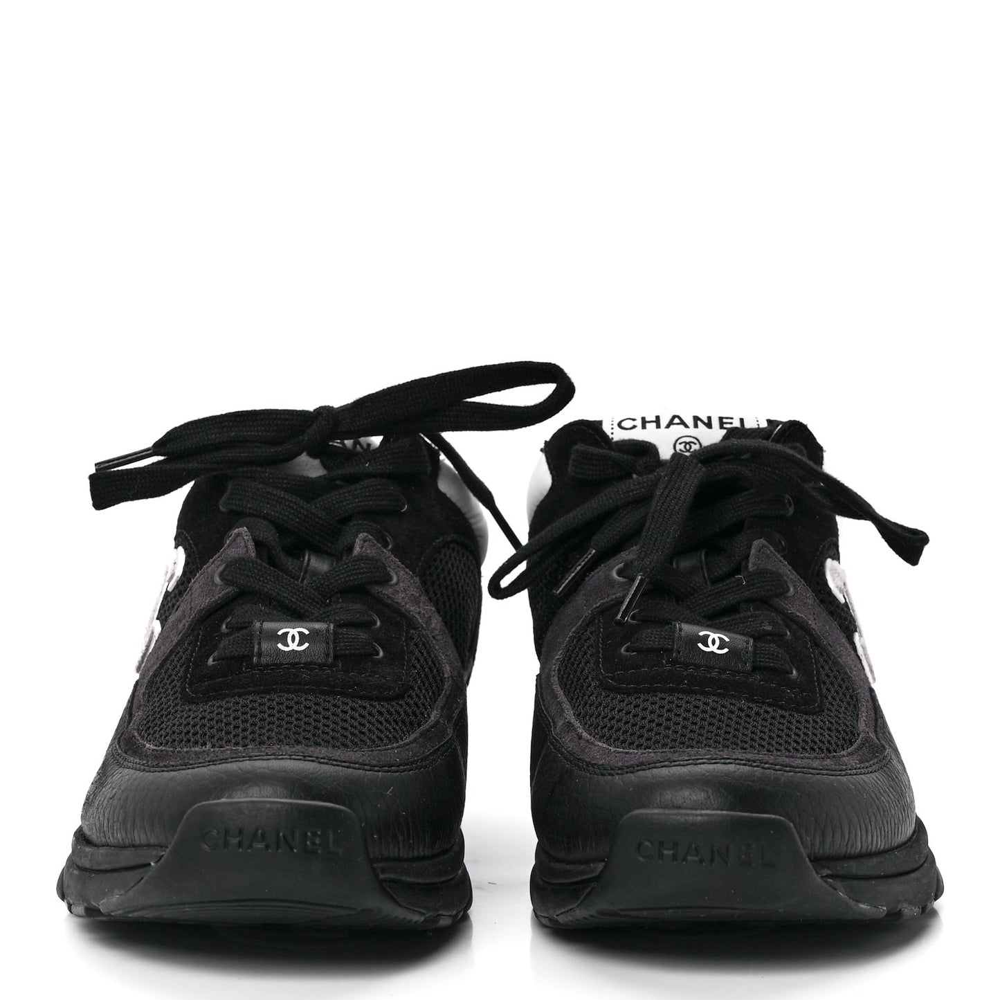Mesh Suede Calfskin Grained Calfskin Womens CC Sneakers 38.5 White Black