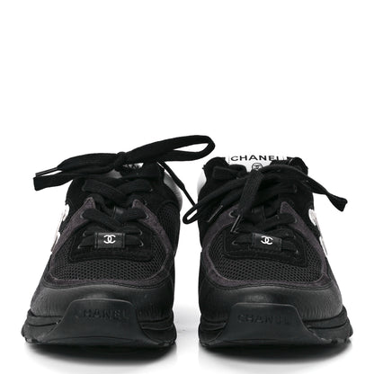 Chanel Mesh Suede Calfskin Grained Calfskin Womens CC Sneakers 38.5 White Black 2 of 9