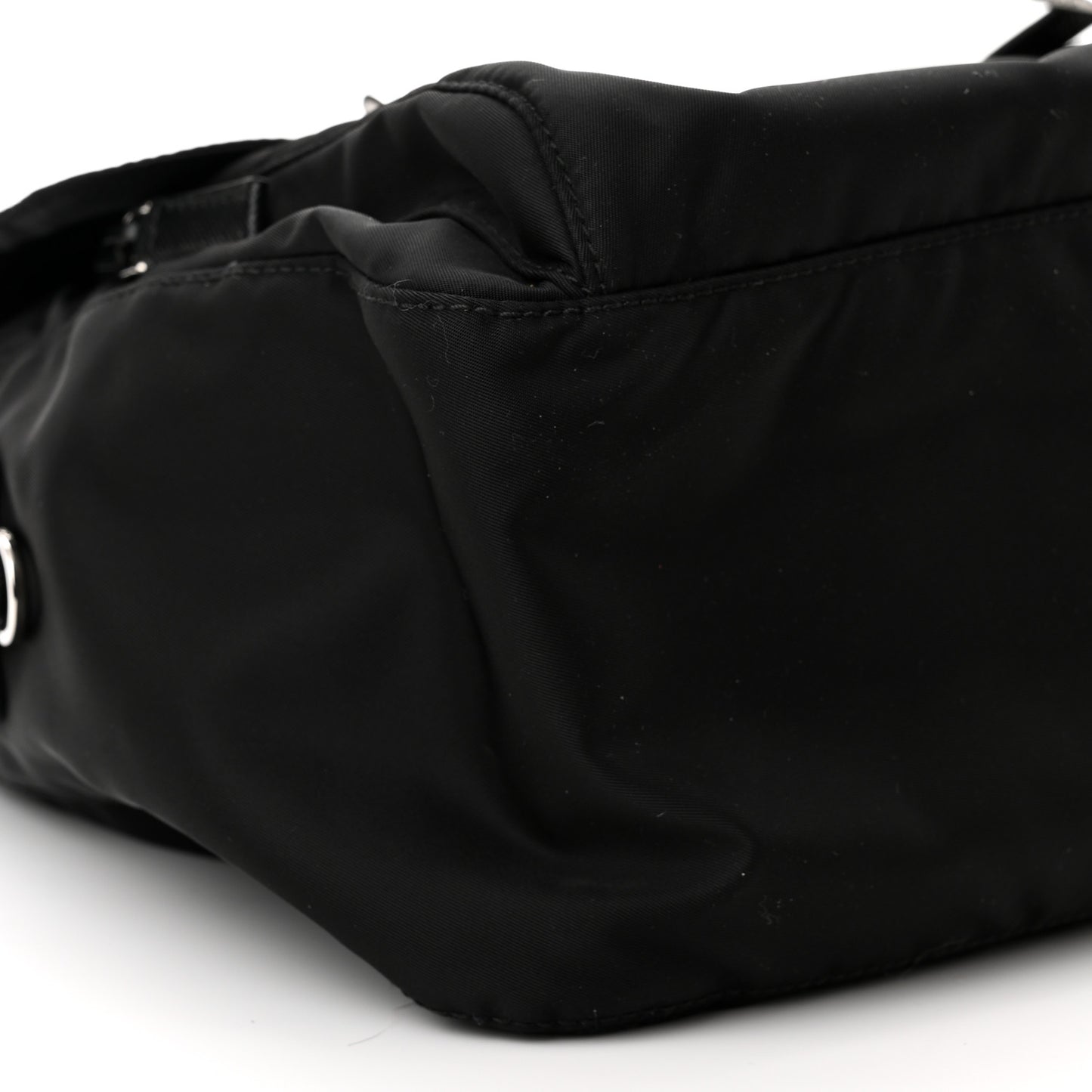 Re-Nylon Vela Saffiano Pocket Double Buckle Messenger Shoulder Bag Black