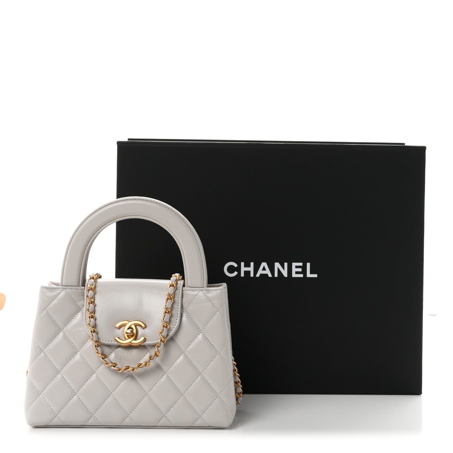 Shiny Aged Calfskin Quilted Nano Kelly Shopper Light Grey