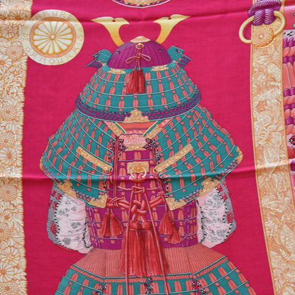 Hermes Cashmere Silk Parures De Samourais Shawl 140 Rose Indien Vert Corail 3 of 7