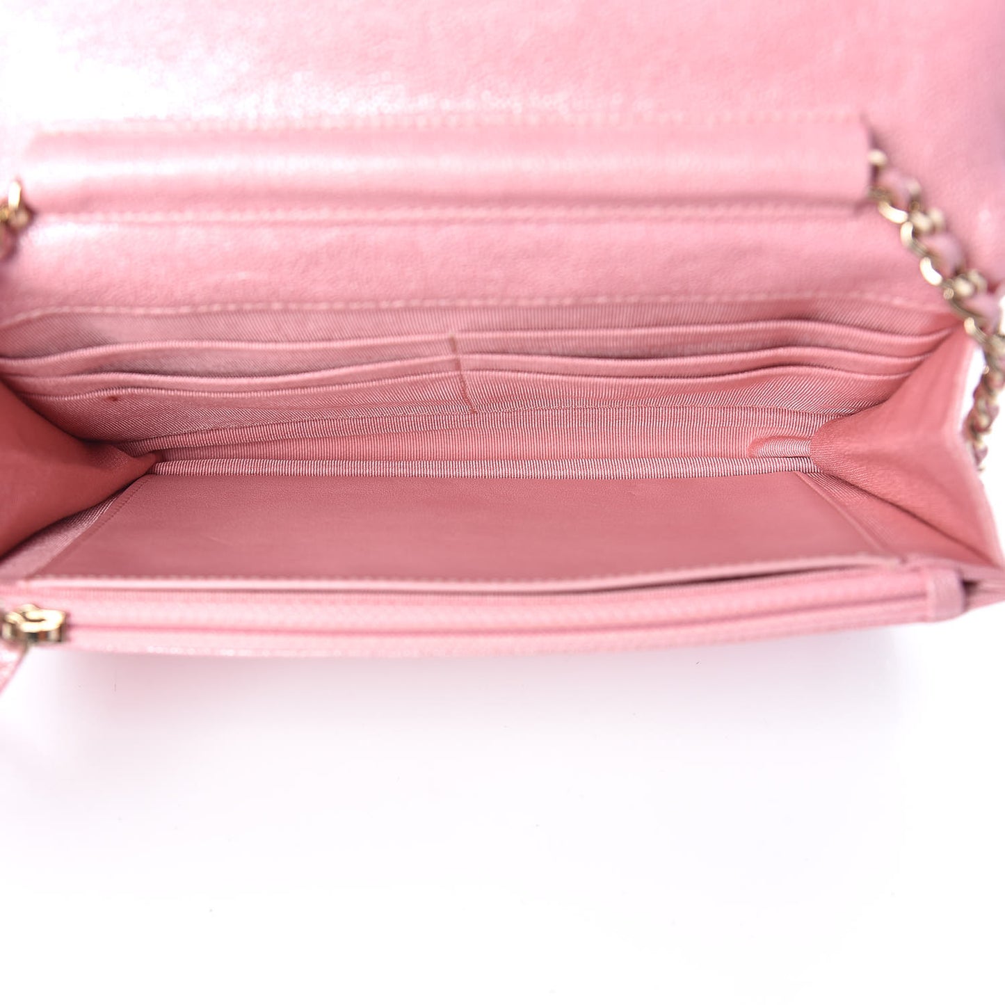 Iridescent Caviar Quilted Wallet on Chain WOC Rose Pink