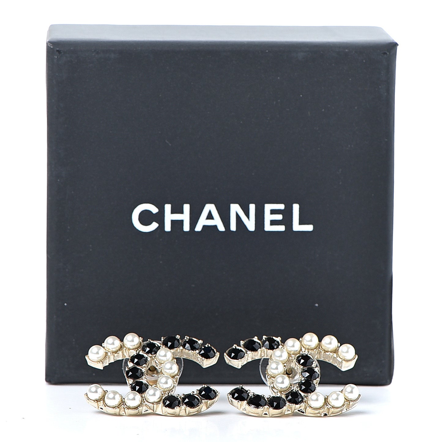 Resin Pearl CC Dazzling Domino Earrings Gold Black