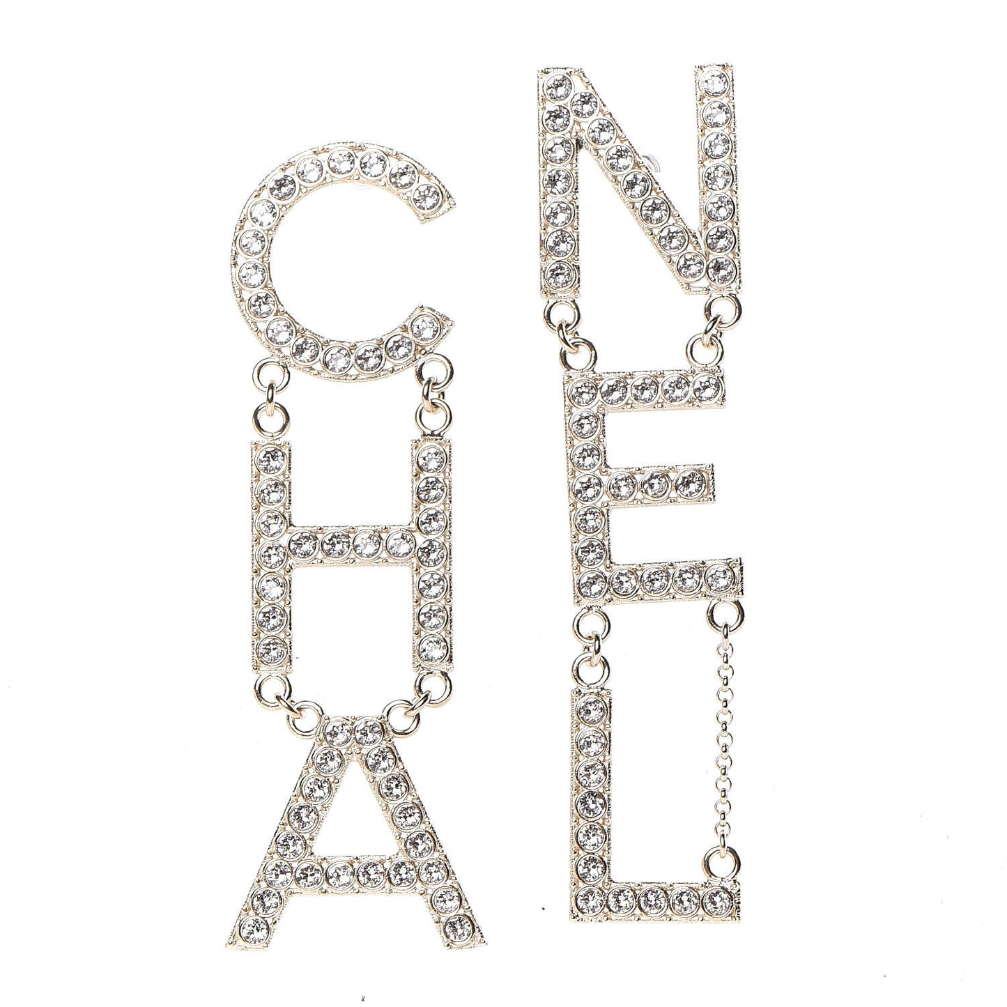 Crystal Cha-Nel Logo Drop Earrings Gold