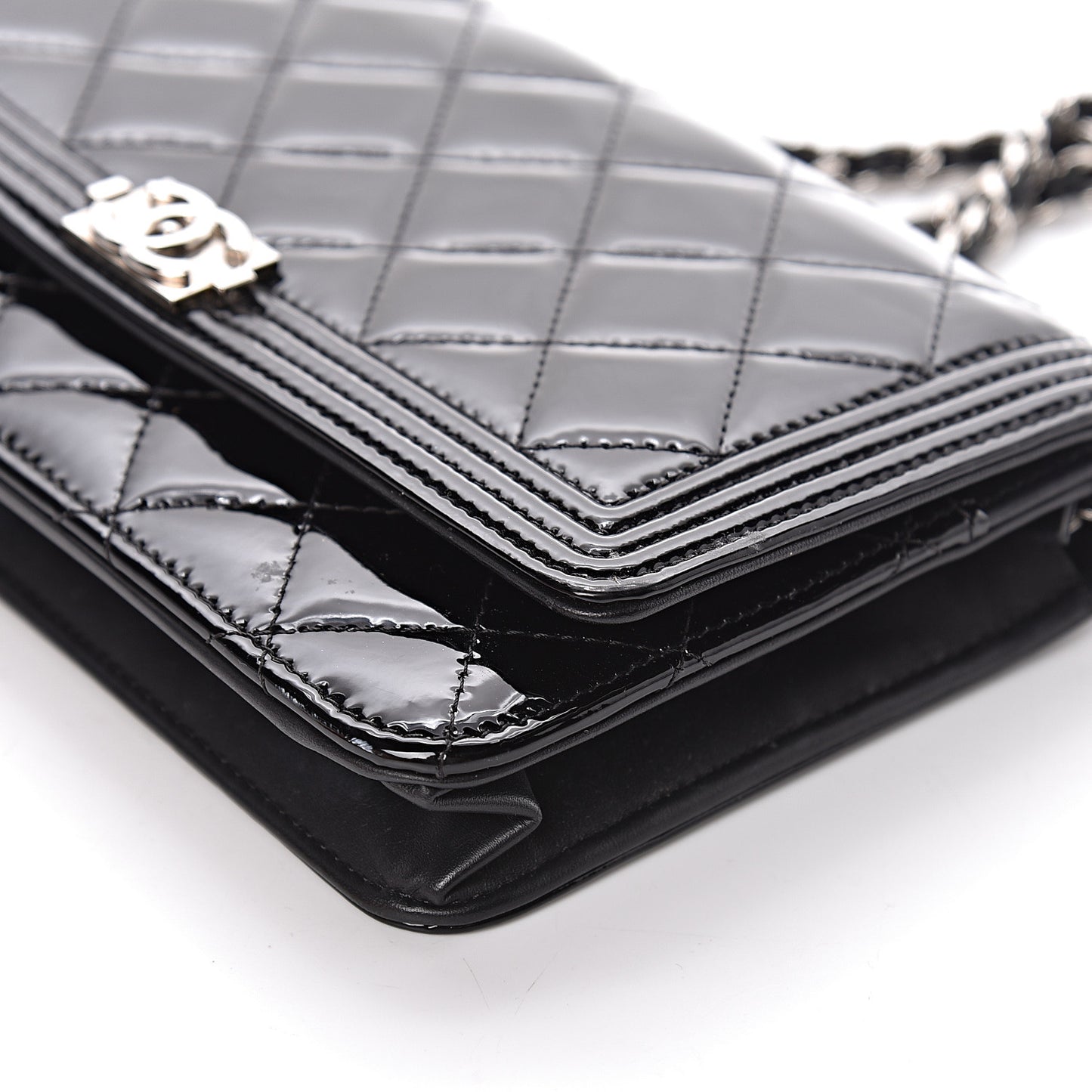 Patent Calfskin Quilted Boy Wallet On Chain WOC Black