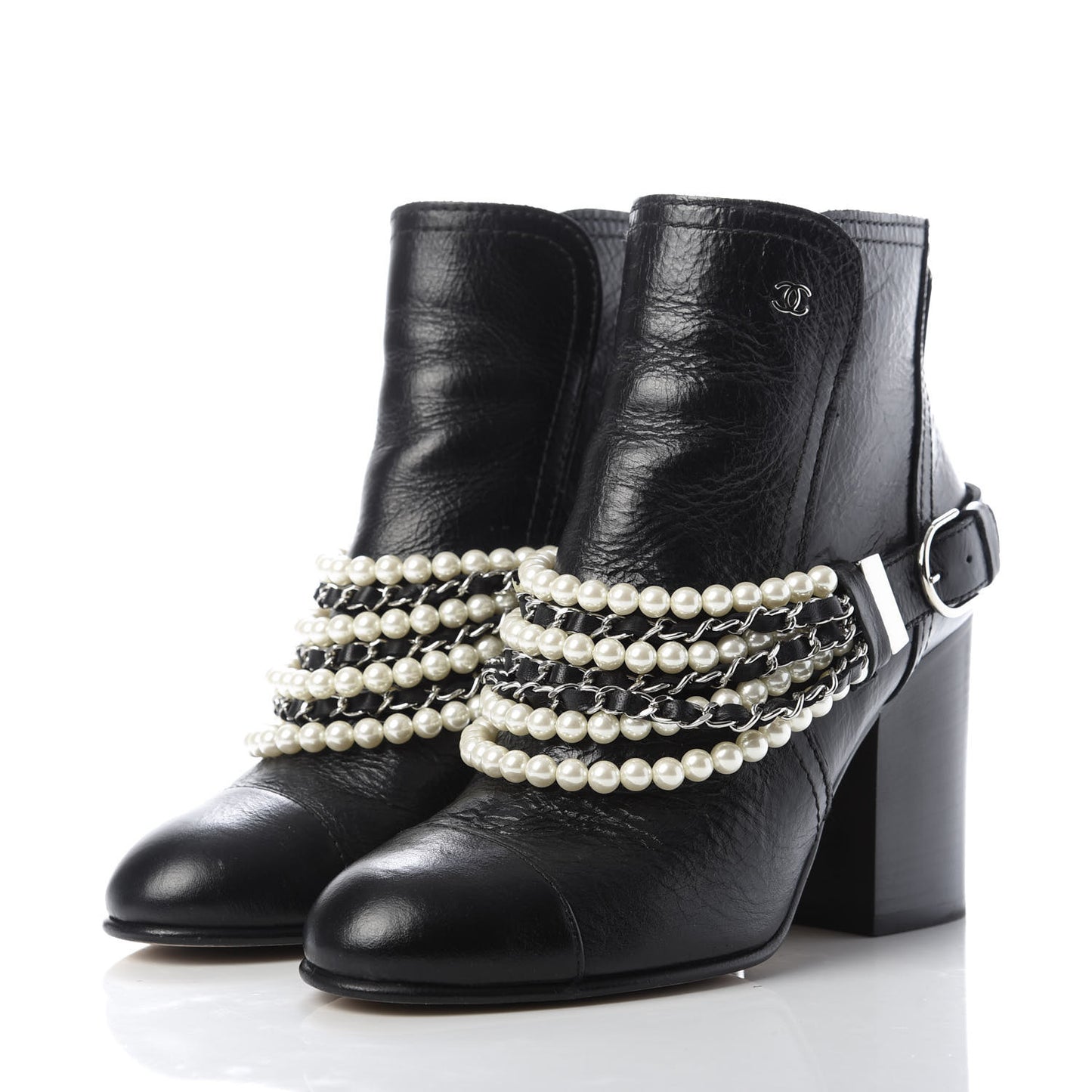 Calfskin Pearl Cap Toe Short Boots 38.5 Black