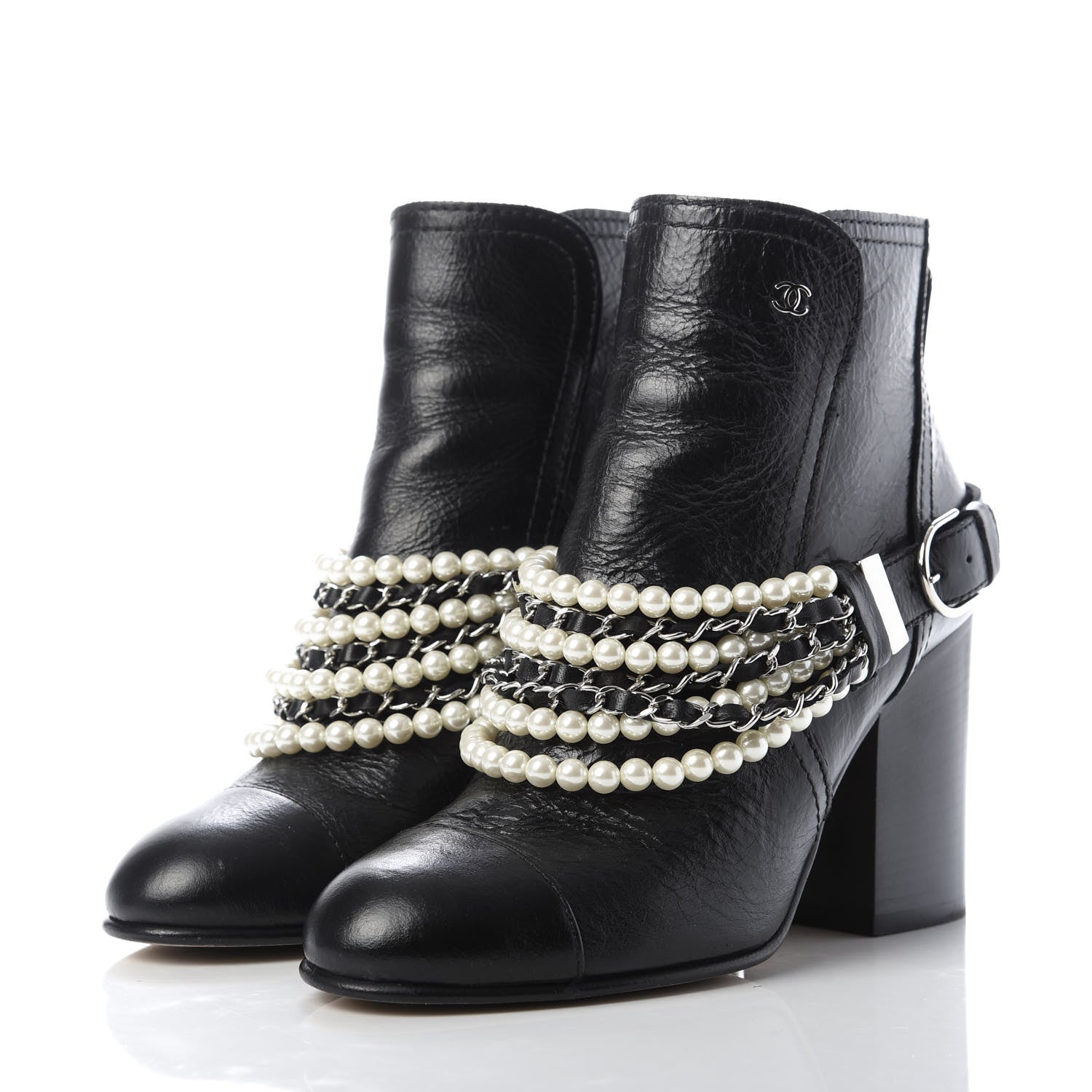 Chanel Calfskin Pearl Cap Toe Short Boots 38.5 Black 3 of 8
