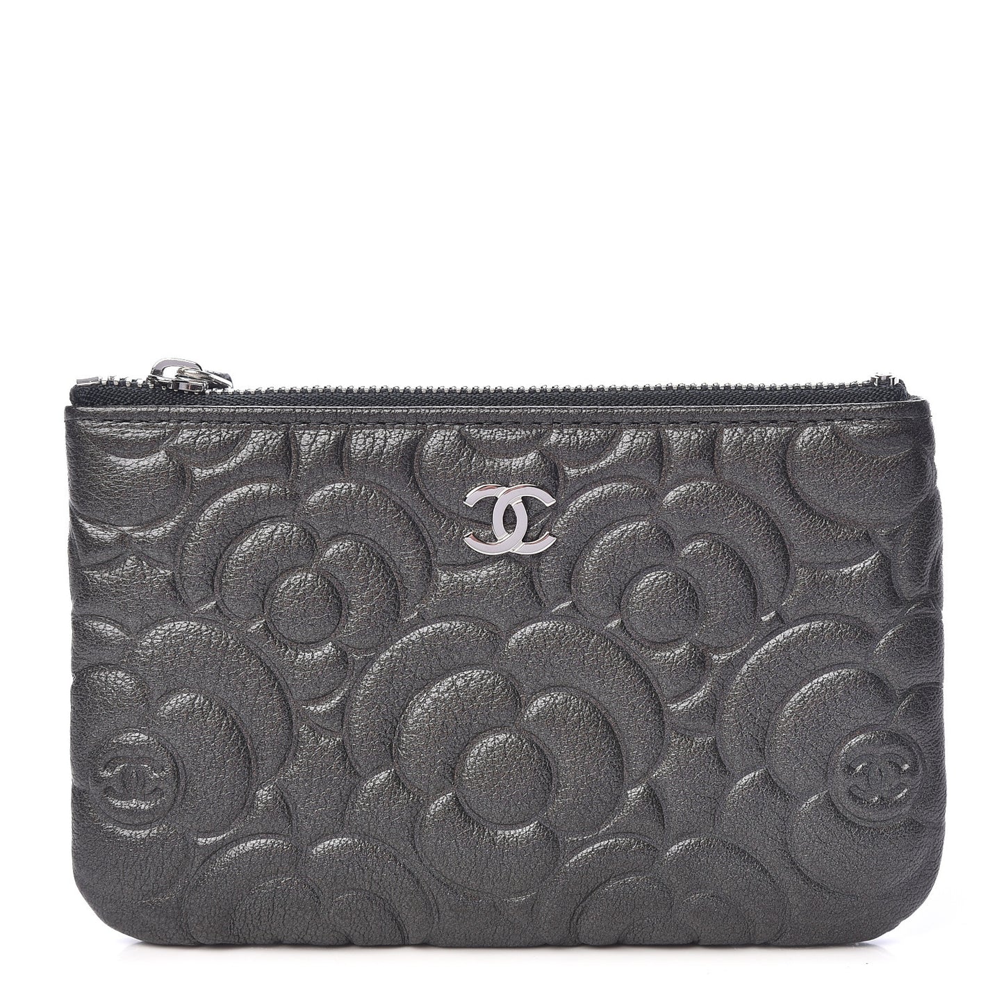 Goatskin Camellia Embossed Cosmetic Pouch Anthracite