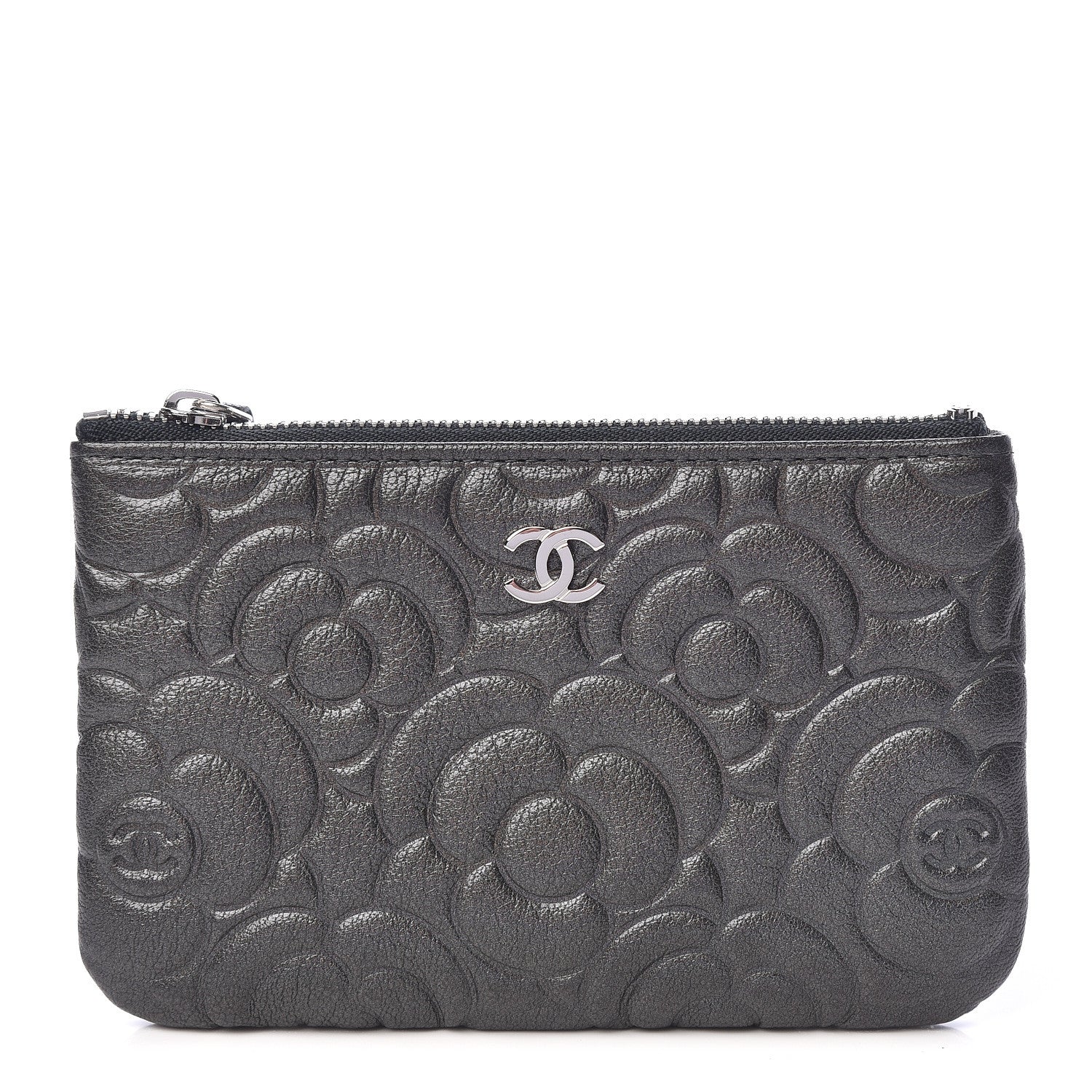 Chanel Goatskin Camellia Embossed Cosmetic Pouch Anthracite 1 of 8