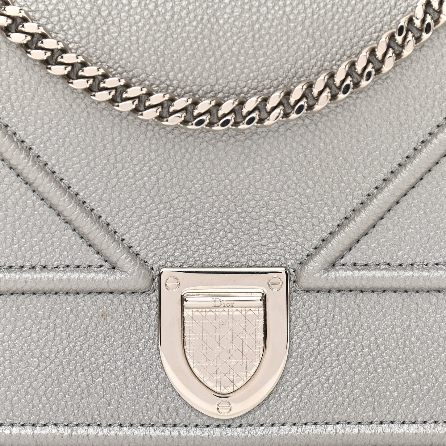 Metallic Grained Calfskin Diorama Wallet on Chain Pouch Silver