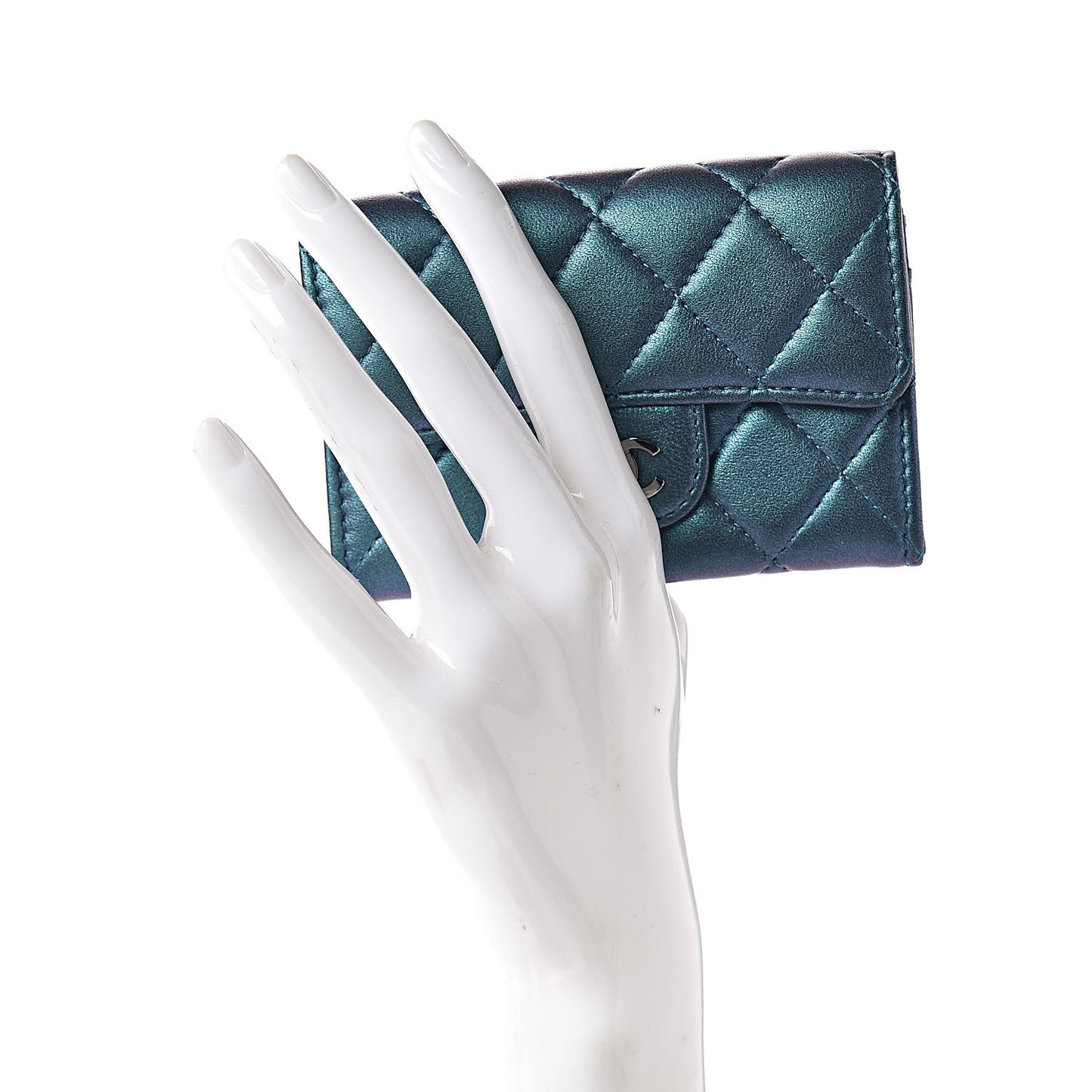 Iridescent Lambskin Quilted Flap Card Holder Turquoise