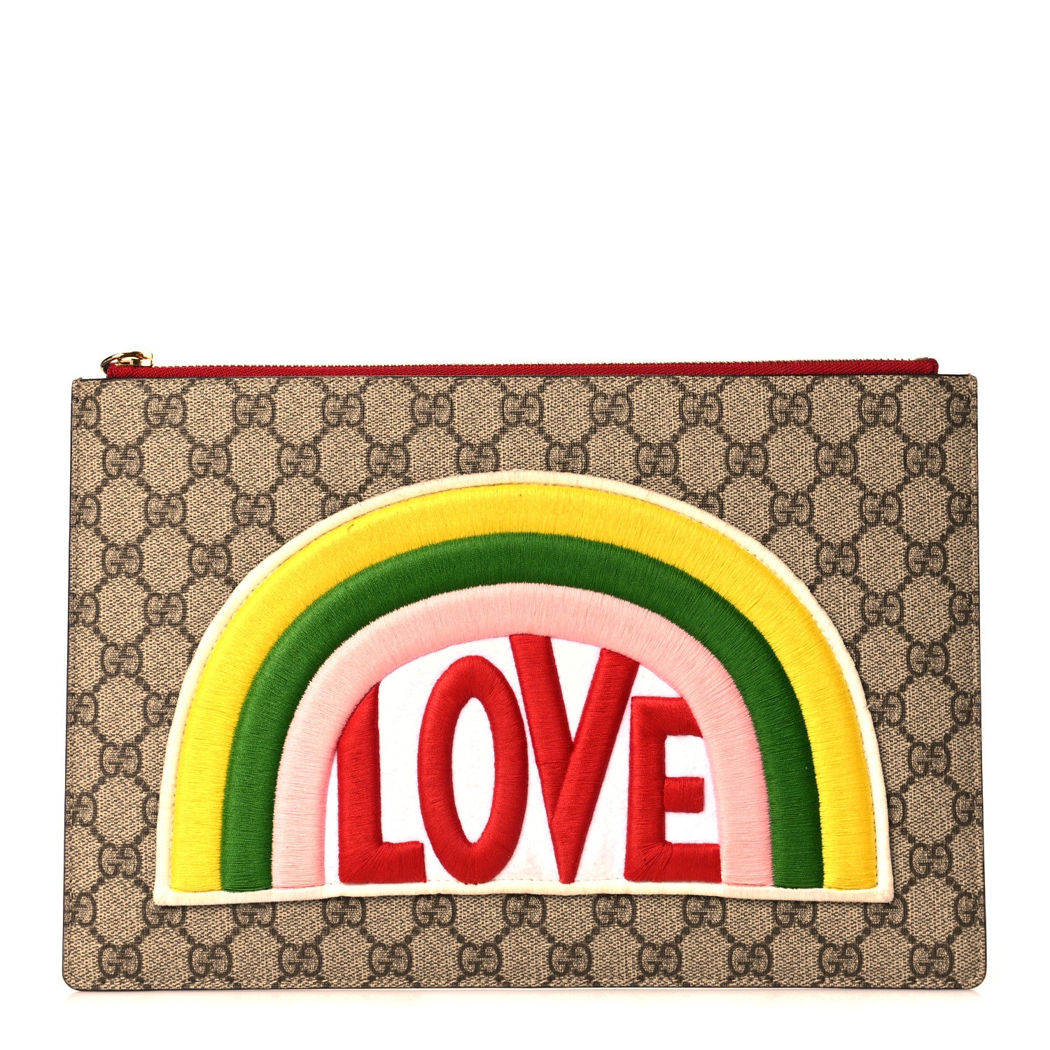 Gucci Calfskin GG Supreme Monogram Embroidered Rainbow Love Zip Pouch Red 1 of 11