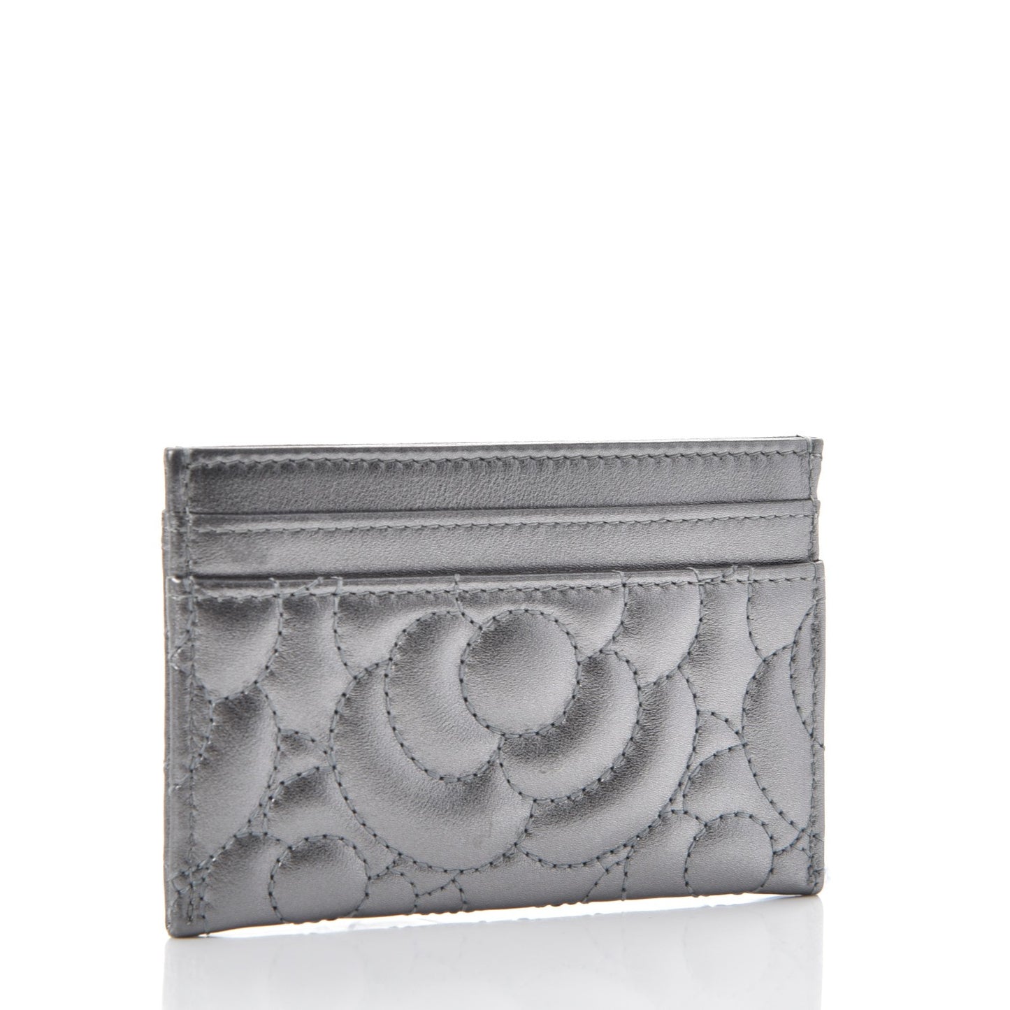 Metallic Lambskin Camellia Embossed Card Holder Silver