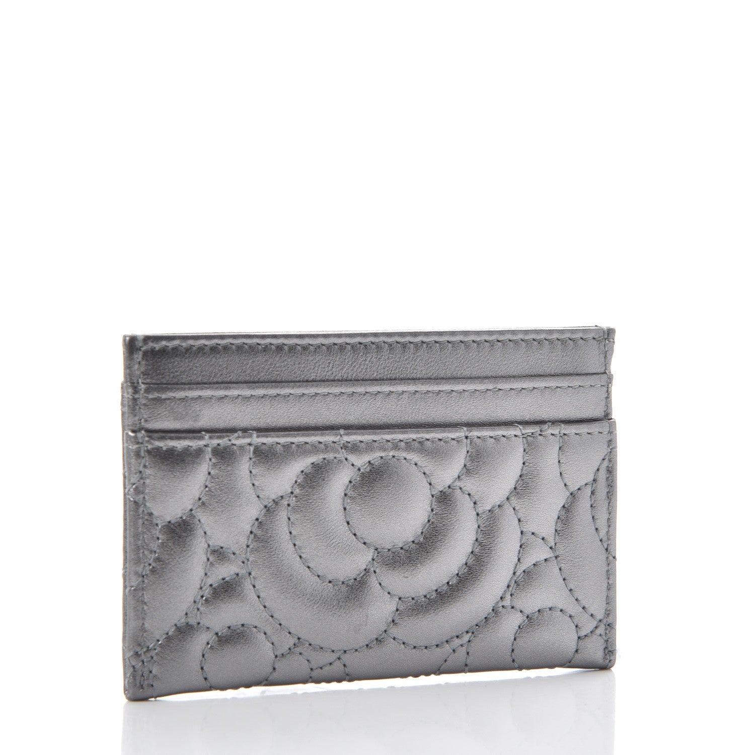 Chanel Metallic Lambskin Camellia Embossed Card Holder Silver 3 of 8