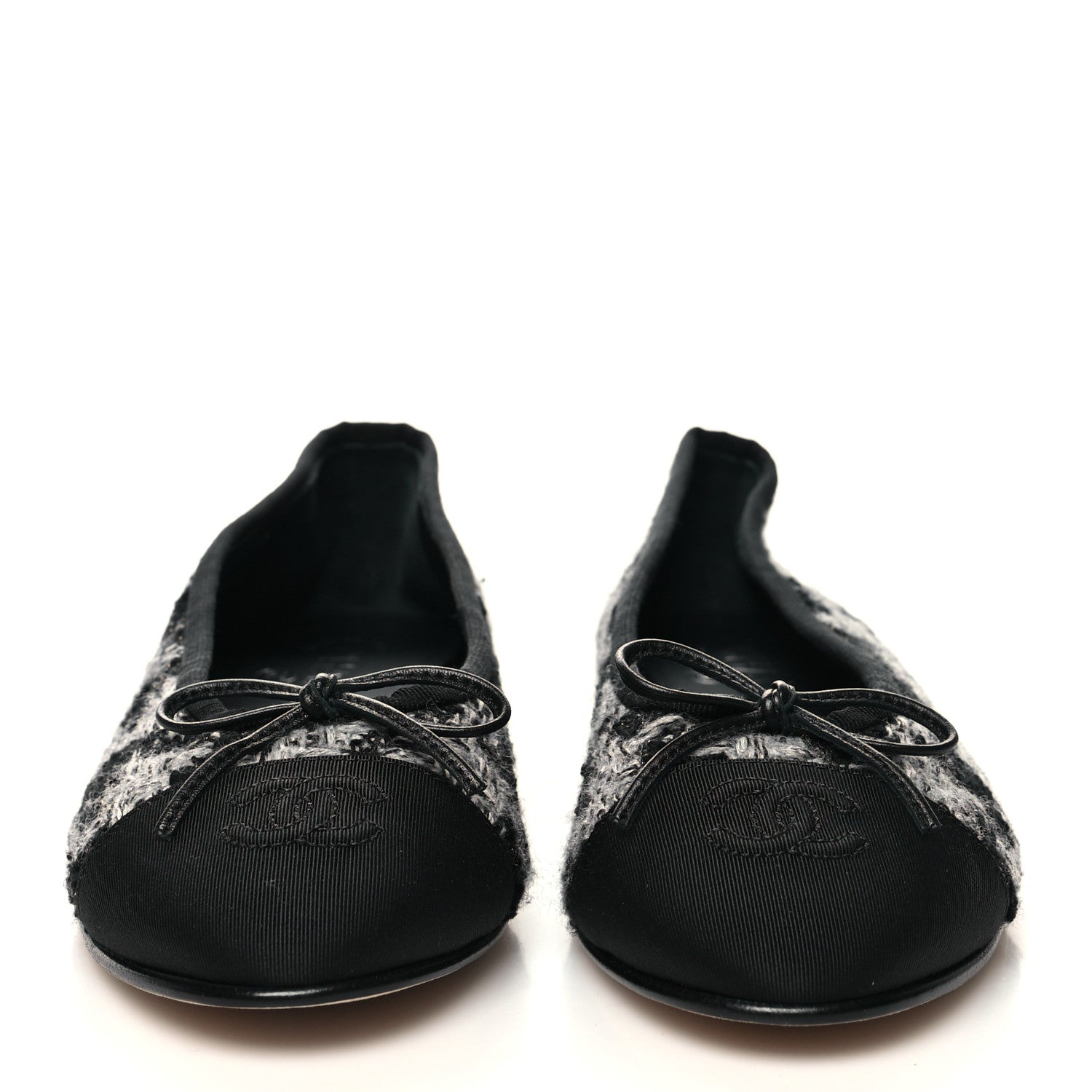 Chanel Tweed Grosgrain Cap Toe Ballerina Flats 37.5 Black White 2 of 8