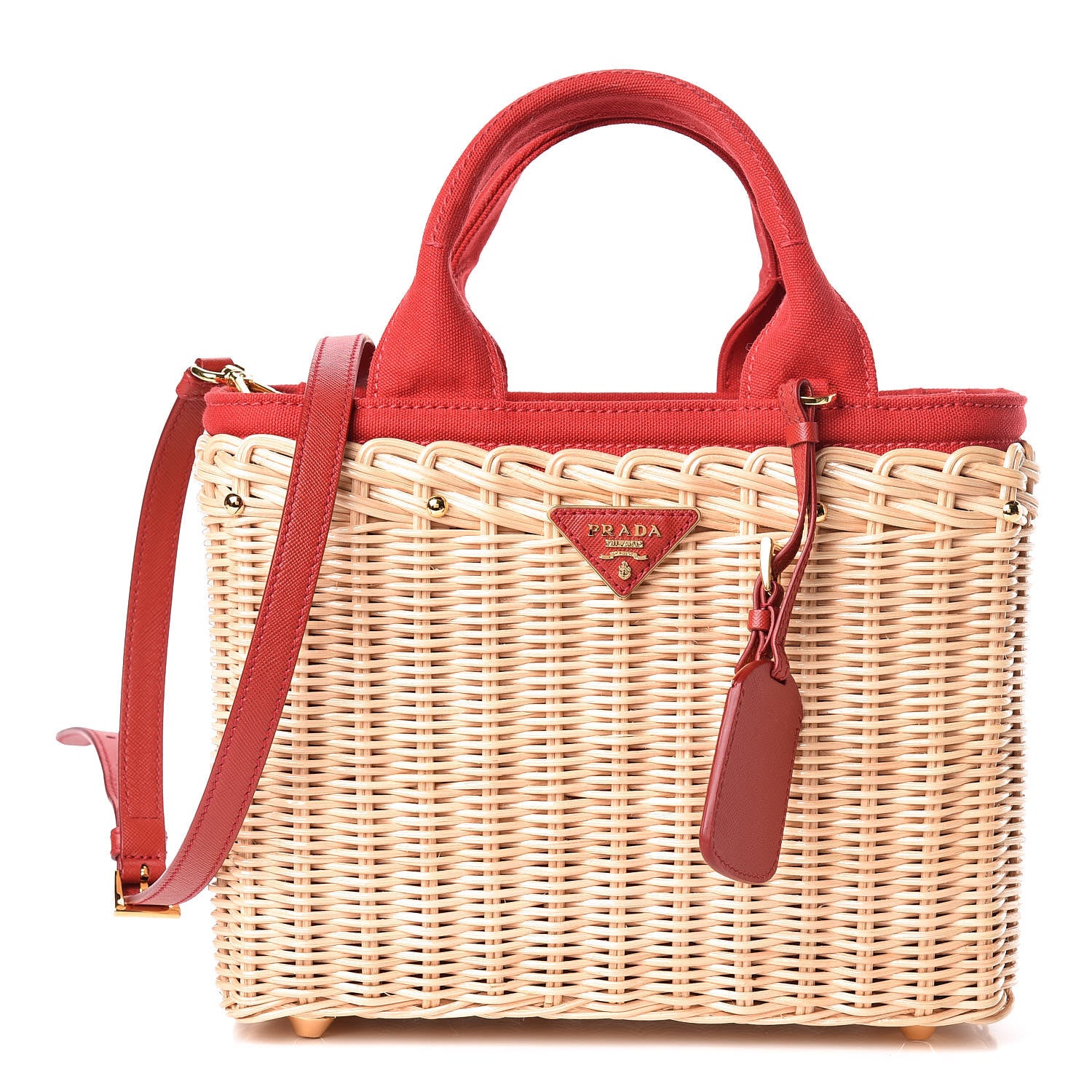 Prada Wicker Canvas Shoulder Bag Rosso 1 of 10