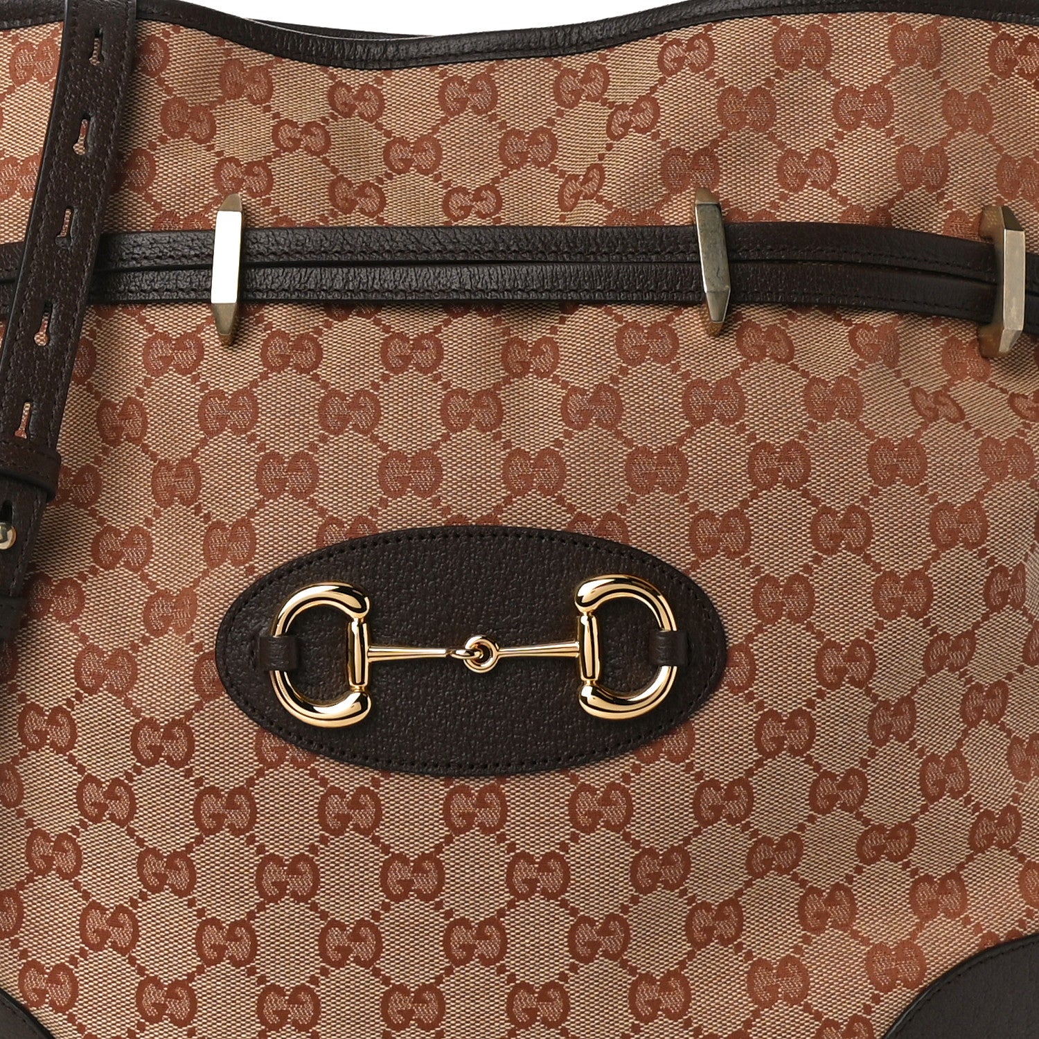 Gucci Monogram Textured Dollar Calfskin Horsebit 1955 Cinch Top Messenger Bag Beige Ebony Cocoa 9 of 11