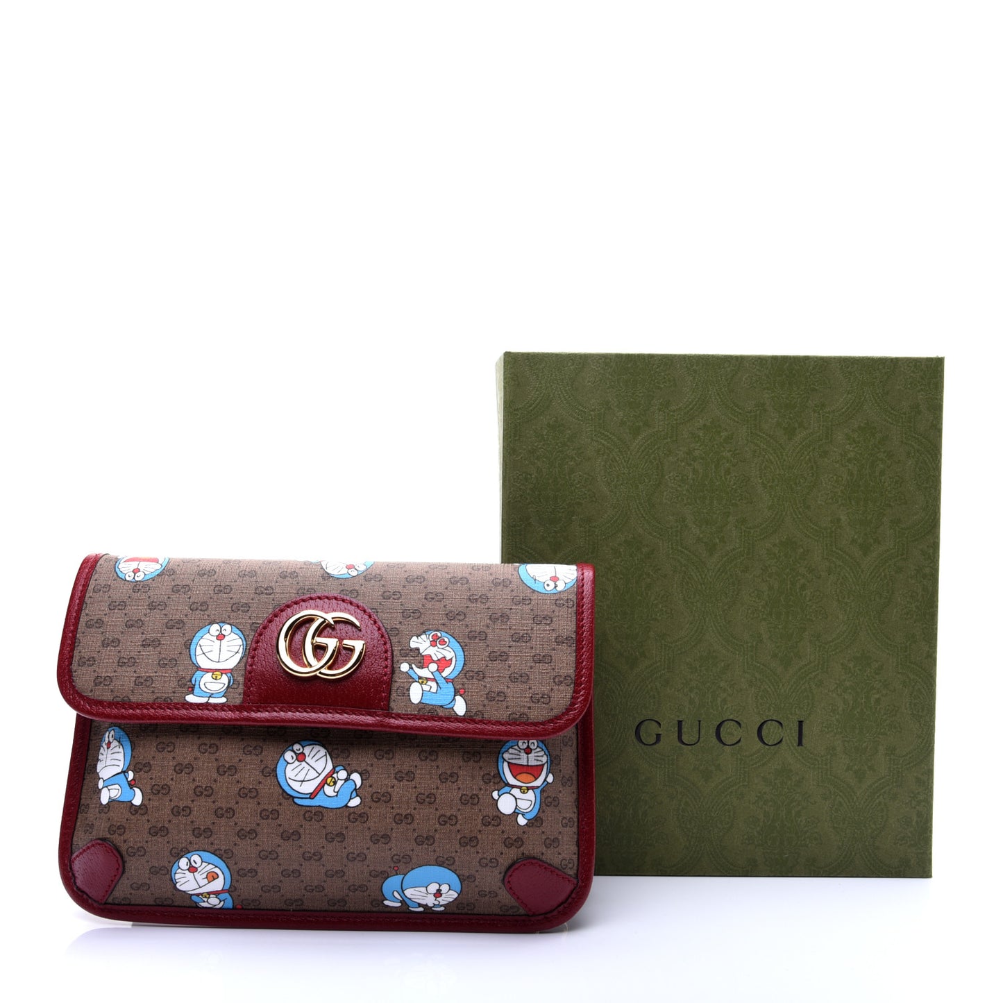 X DORAEMON Mini Vintage GG Supreme Monogram Web Slim Belt Bag Beige Cherry Red
