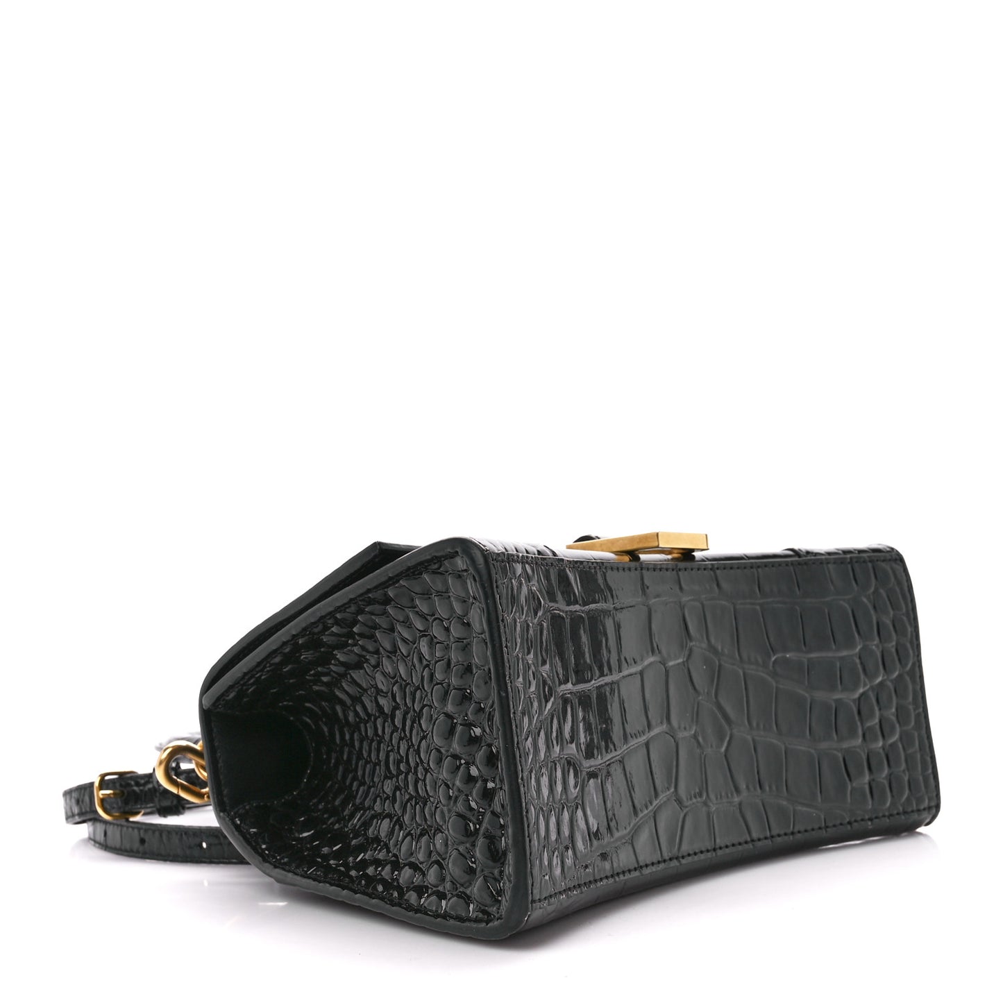 Shiny Calfskin Crocodile Embossed Small Hourglass Top Handle Bag Black