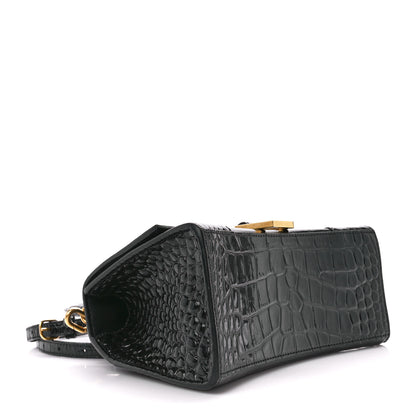 Balenciaga Shiny Calfskin Crocodile Embossed Small Hourglass Top Handle Bag Black 4 of 13
