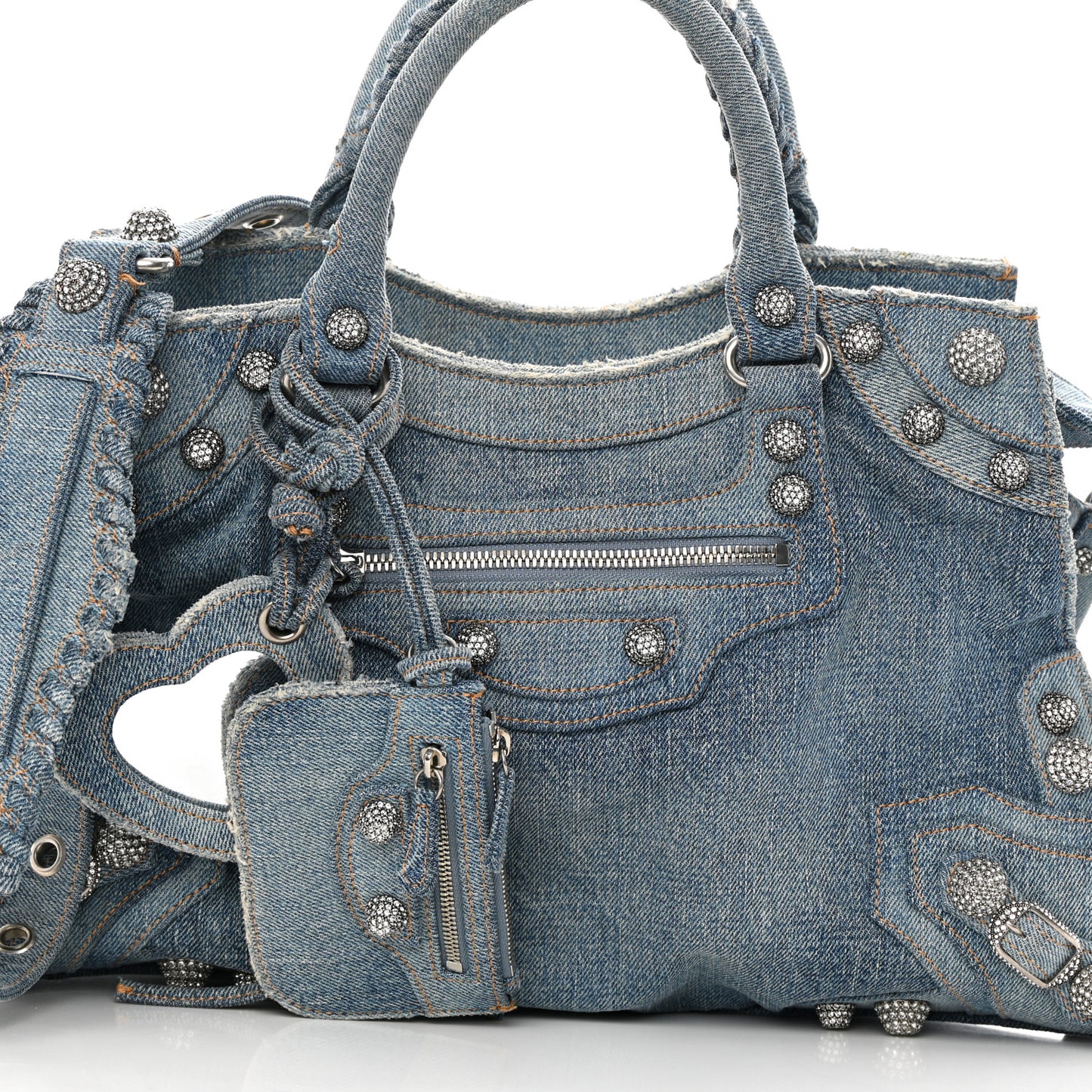Washed Frayed Denim Crystal Neo Cagole City Handbag Blue