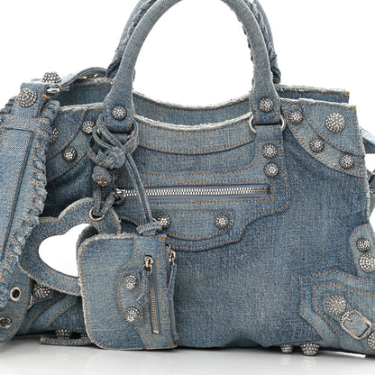 Balenciaga Washed Frayed Denim Crystal Neo Cagole City Handbag Blue 8 of 16