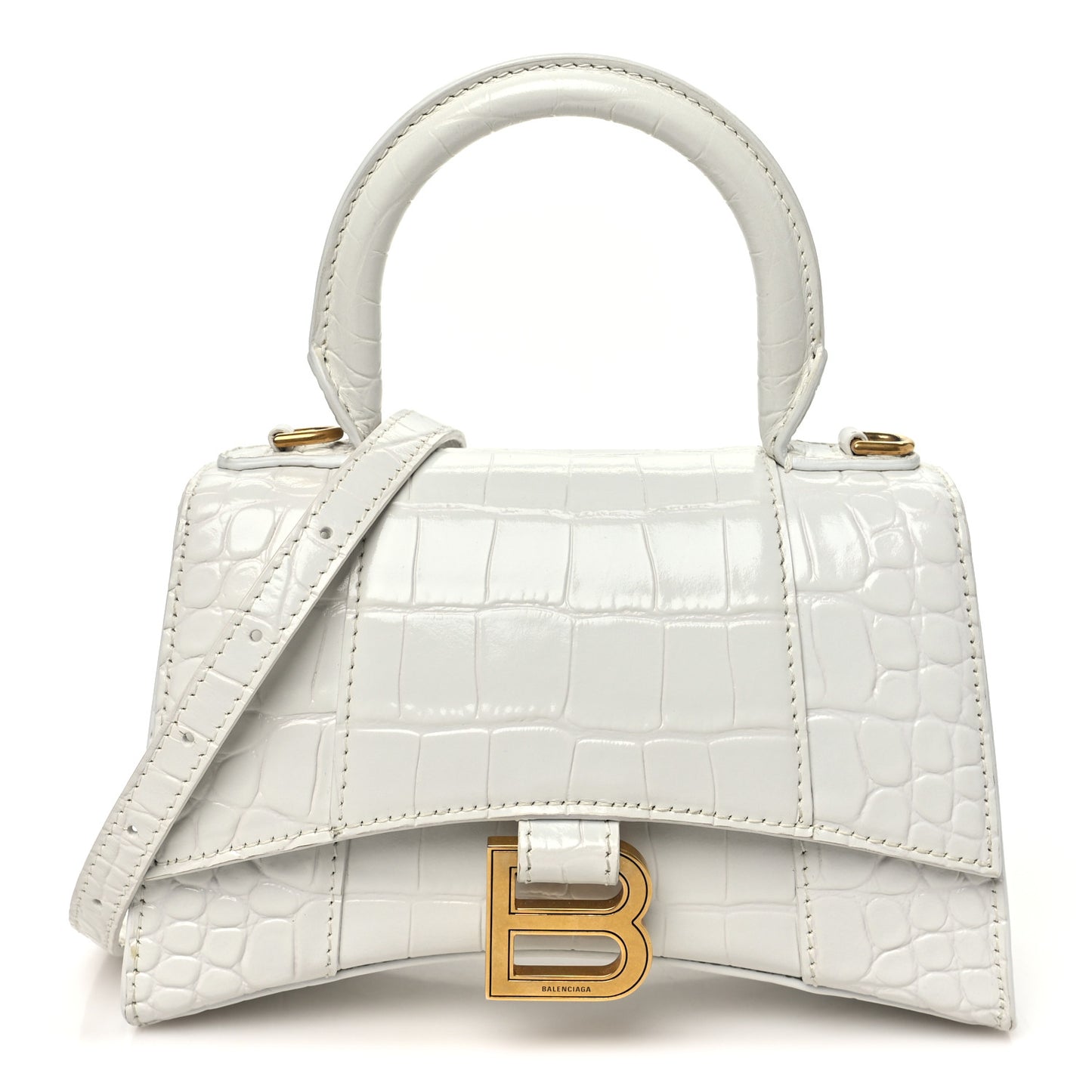 Shiny Calfskin Crocodile Embossed Hourglass Top Handle Bag XS White
