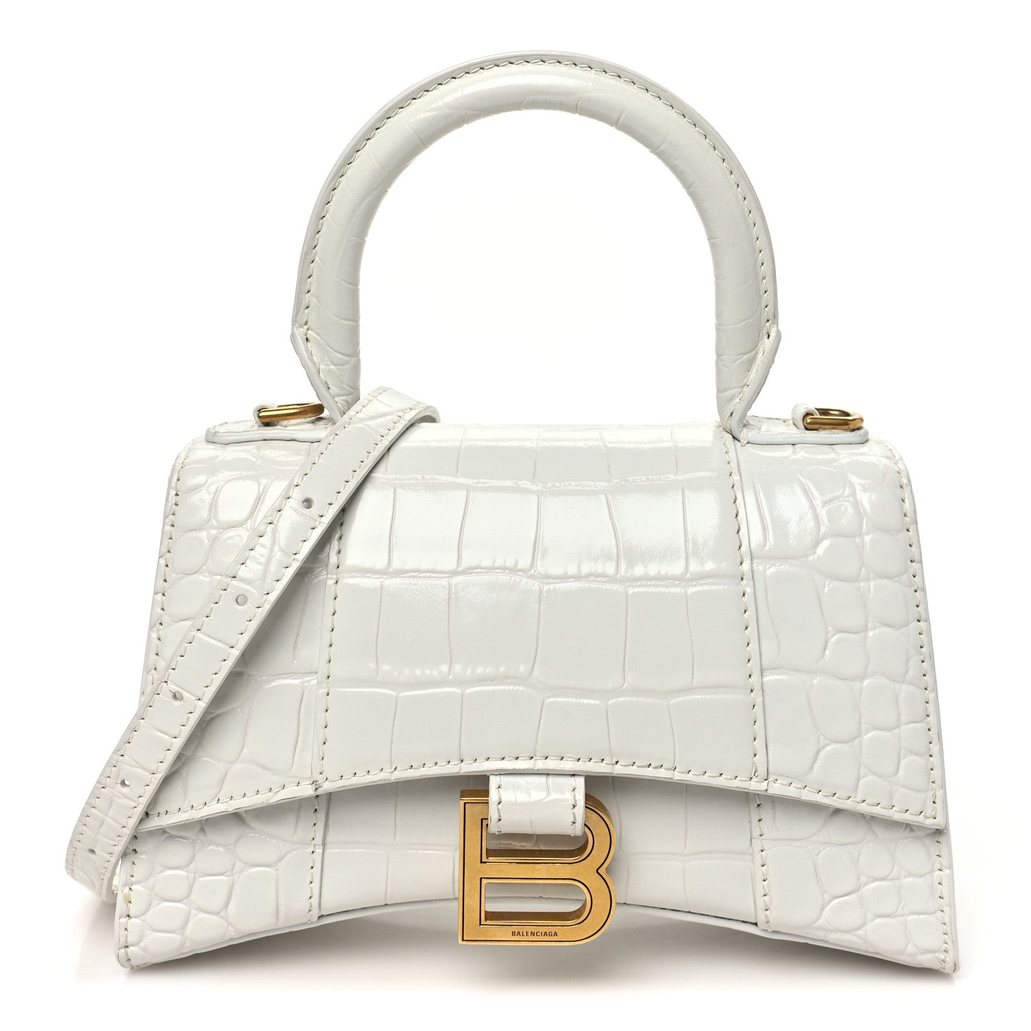 Balenciaga Shiny Calfskin Crocodile Embossed Hourglass Top Handle Bag XS White 1 of 10