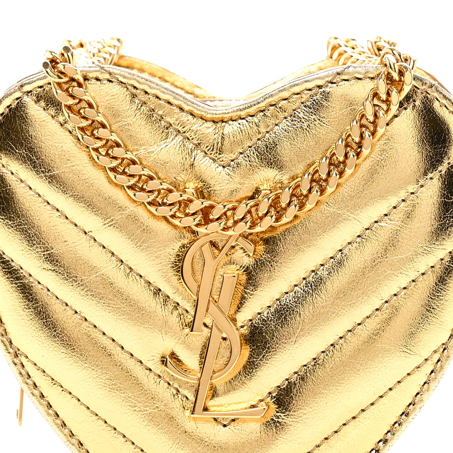 Metallic Calfskin Matelasse Chevron Monogram Small Love Heart Chain Bag Gold