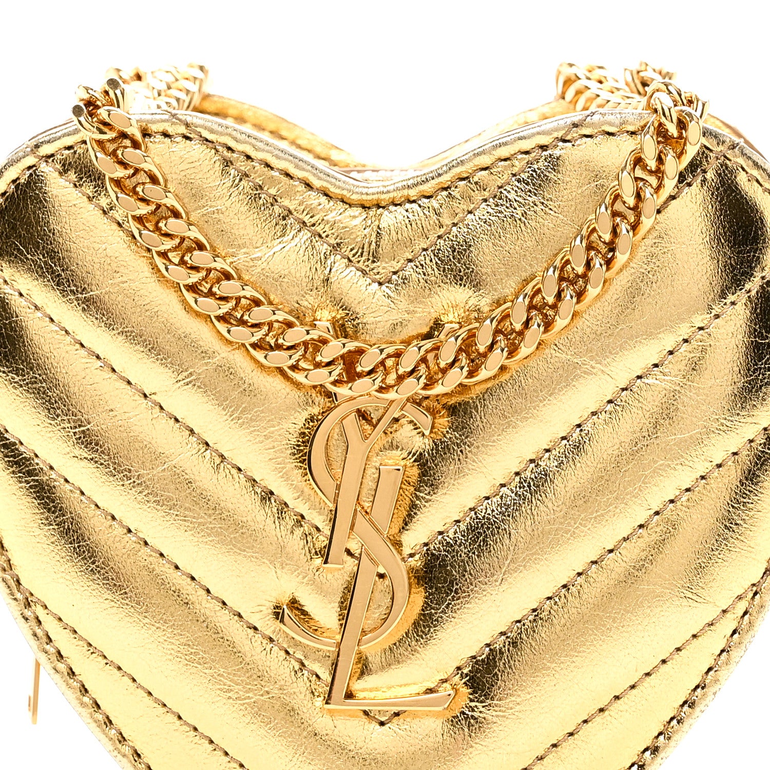Saint Laurent Metallic Calfskin Matelasse Chevron Monogram Small Love Heart Chain Bag Gold 8 of 10
