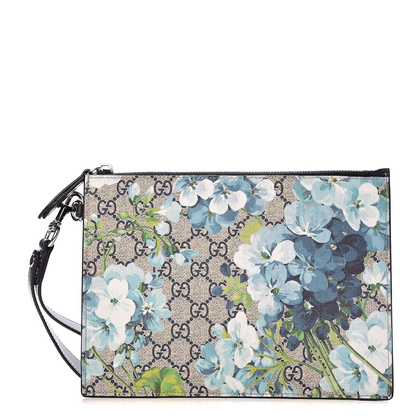 GG Supreme Monogram Blooms Small Zip Wristlet Pouch Beige Blue Black