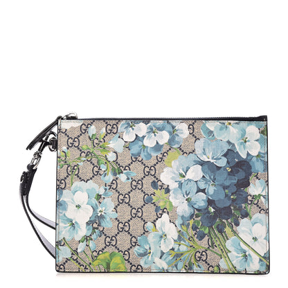 Gucci GG Supreme Monogram Blooms Small Zip Wristlet Pouch Beige Blue Black 1 of 8