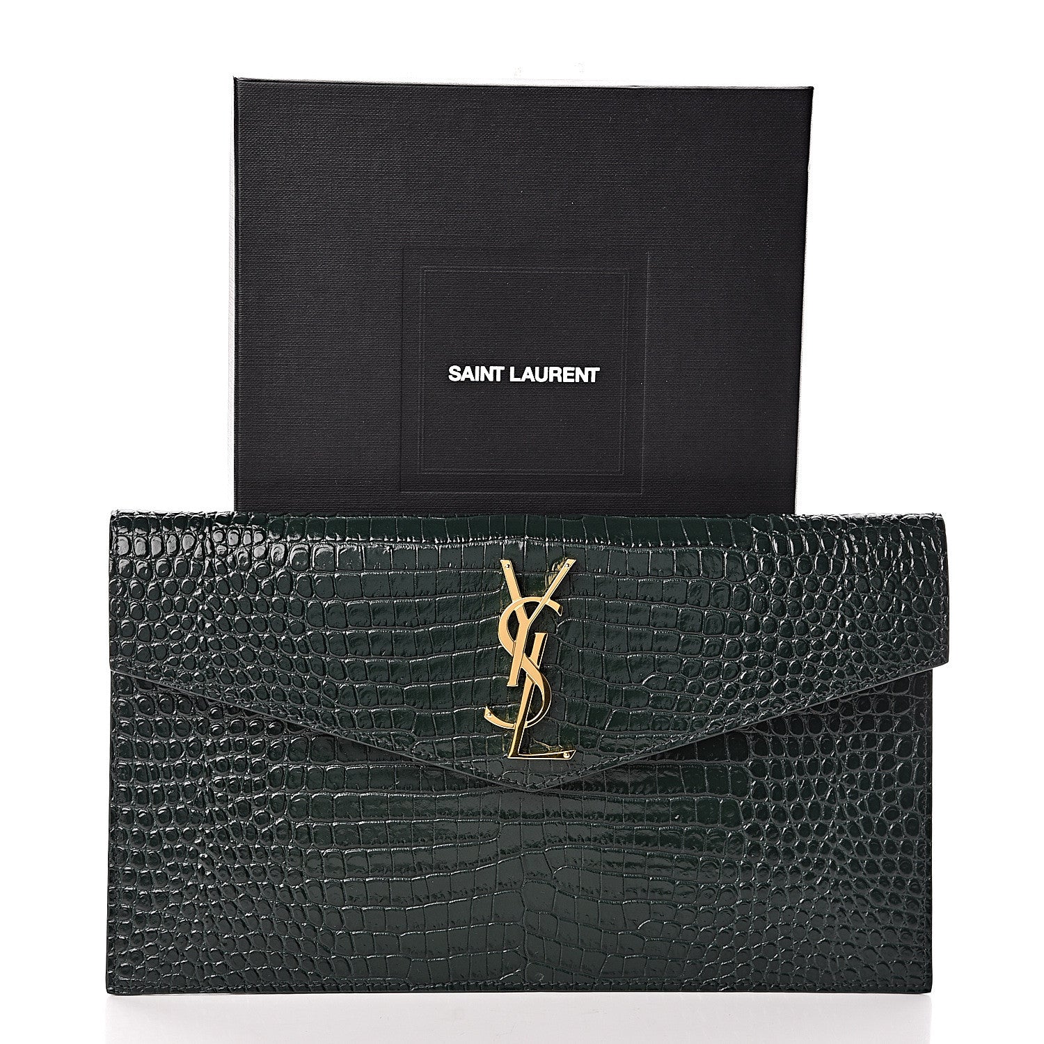 Saint Laurent Calfskin Crocodile Embossed Uptown Monogram Clutch Dark Green 7 of 7