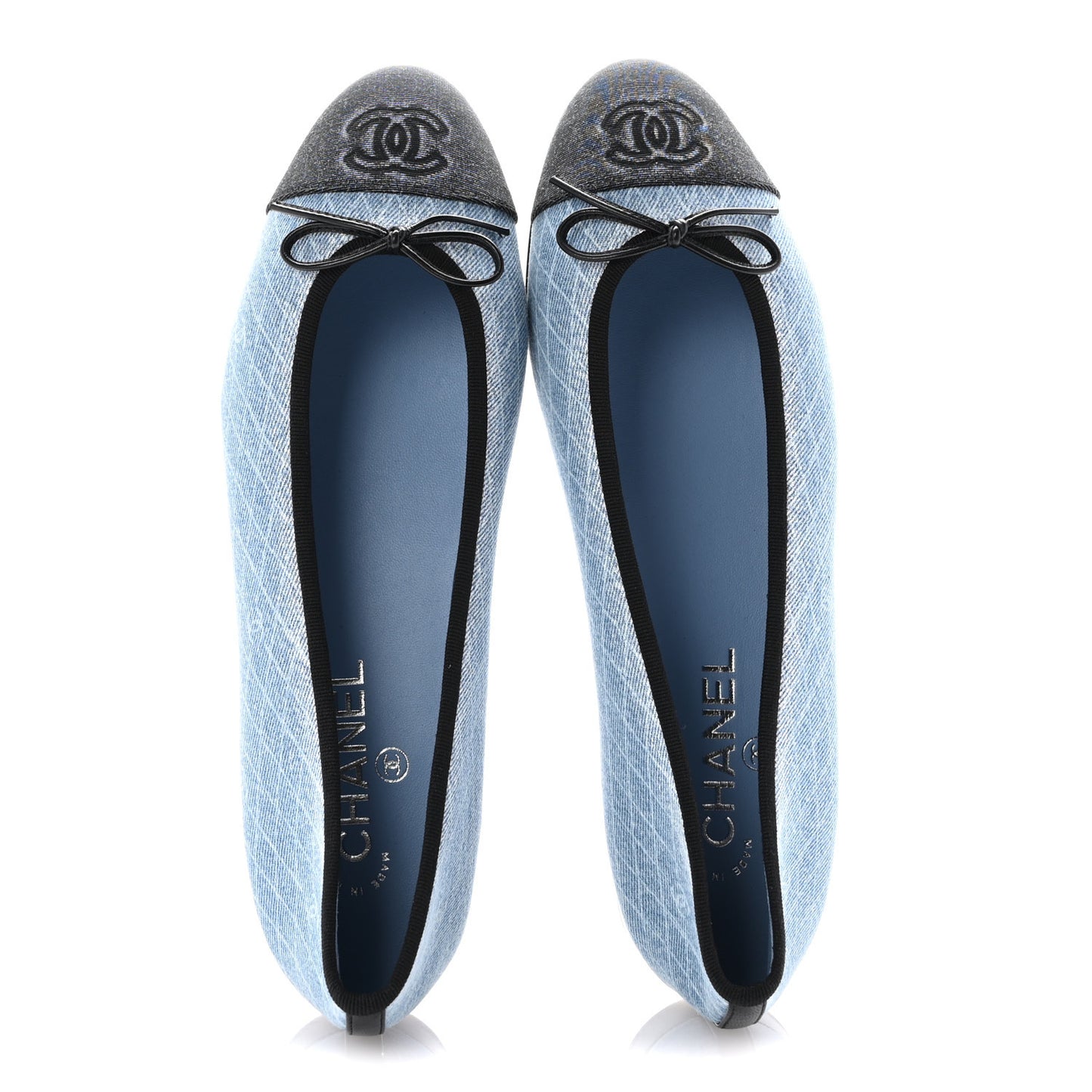 Denim Printed Quilt CC Cap Toe Ballerina Flats 40.5 Light Blue Dark Grey