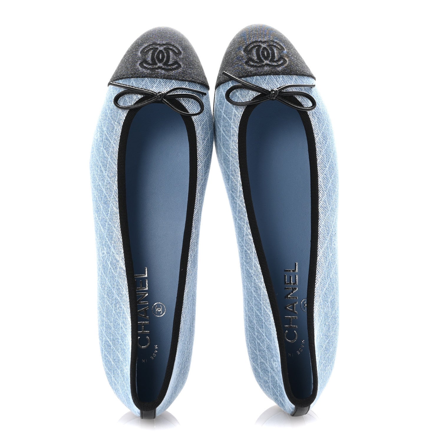 Chanel Denim Printed Quilt CC Cap Toe Ballerina Flats 40.5 Light Blue Dark Grey 2 of 10