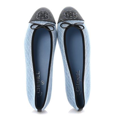Chanel Denim Printed Quilt CC Cap Toe Ballerina Flats 40.5 Light Blue Dark Grey 2 of 10