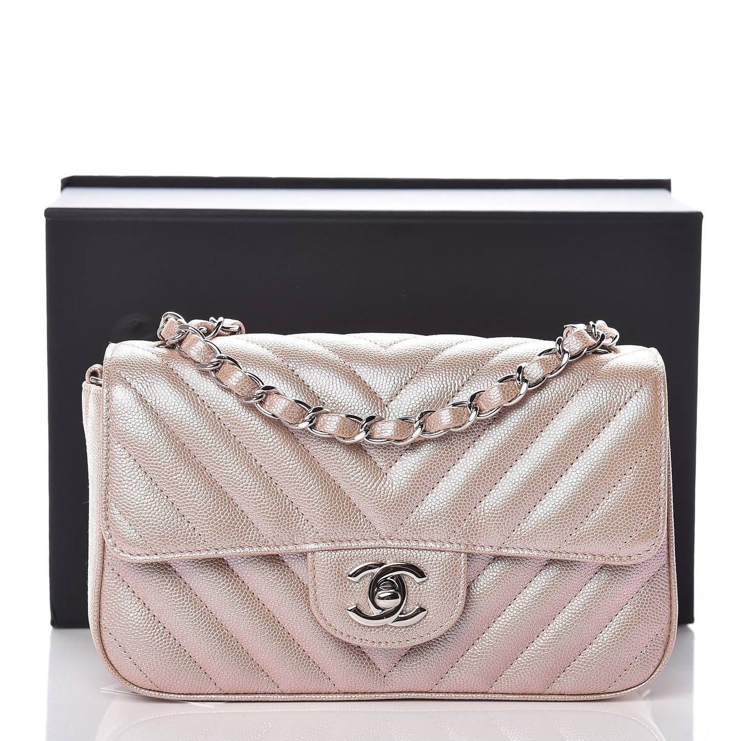 Iridescent Caviar Chevron Quilted Mini Rectangular Flap Light Gold