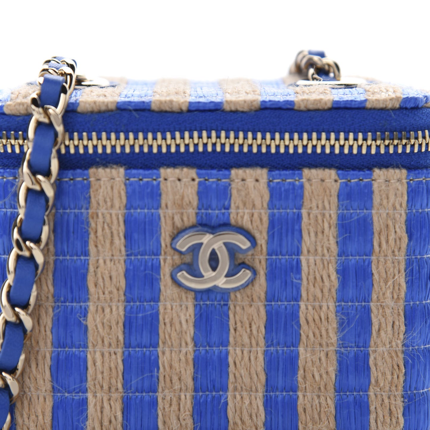 Raffia Jute Striped Mini Vanity Case With Chain Blue Beige
