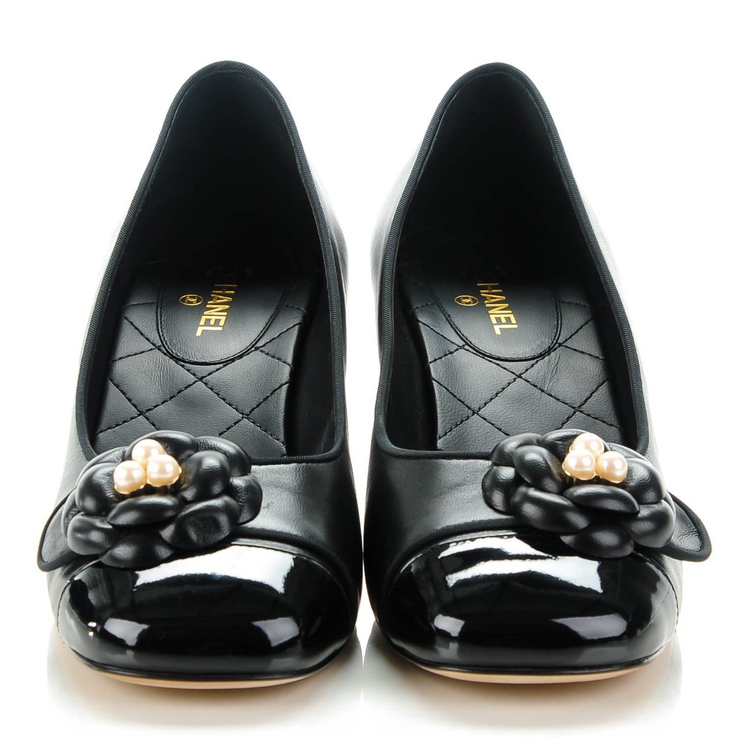 Chanel Lambskin Patent Calfskin Pearl Camellia Cap Toe Pumps 37.5 Black 2 of 8
