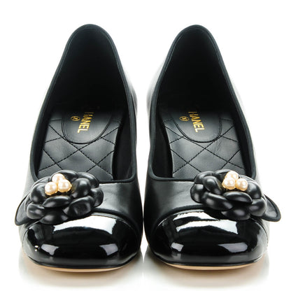 Chanel Lambskin Patent Calfskin Pearl Camellia Cap Toe Pumps 37.5 Black 2 of 8