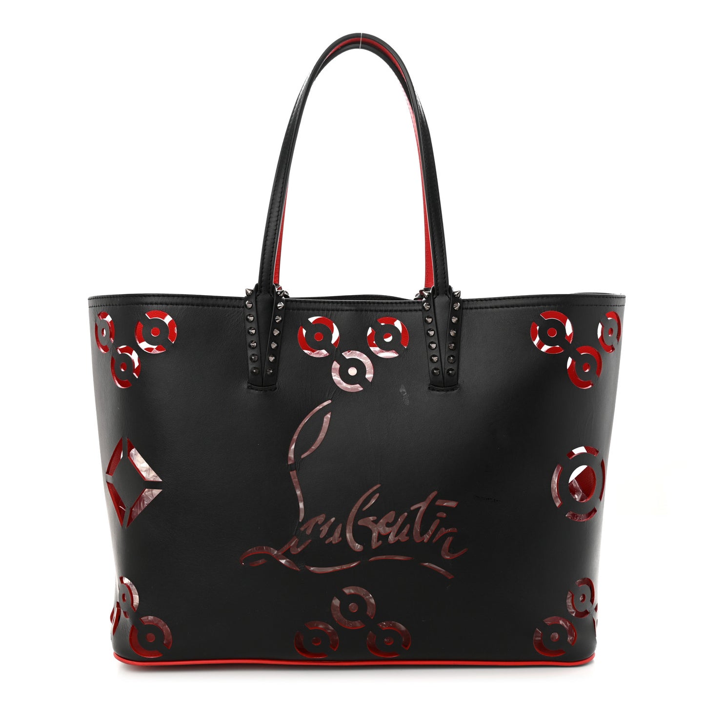 Calfskin Loubinthesky Perforated Cabarock Spikes Tote Black