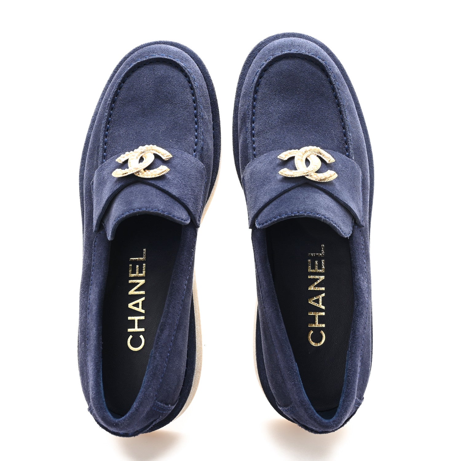 【美品】CHANEL ネイビー ローファー 37 Chanel Suede Calfskin Pearl CC Moccasin Loafers 37 Navy 1767205