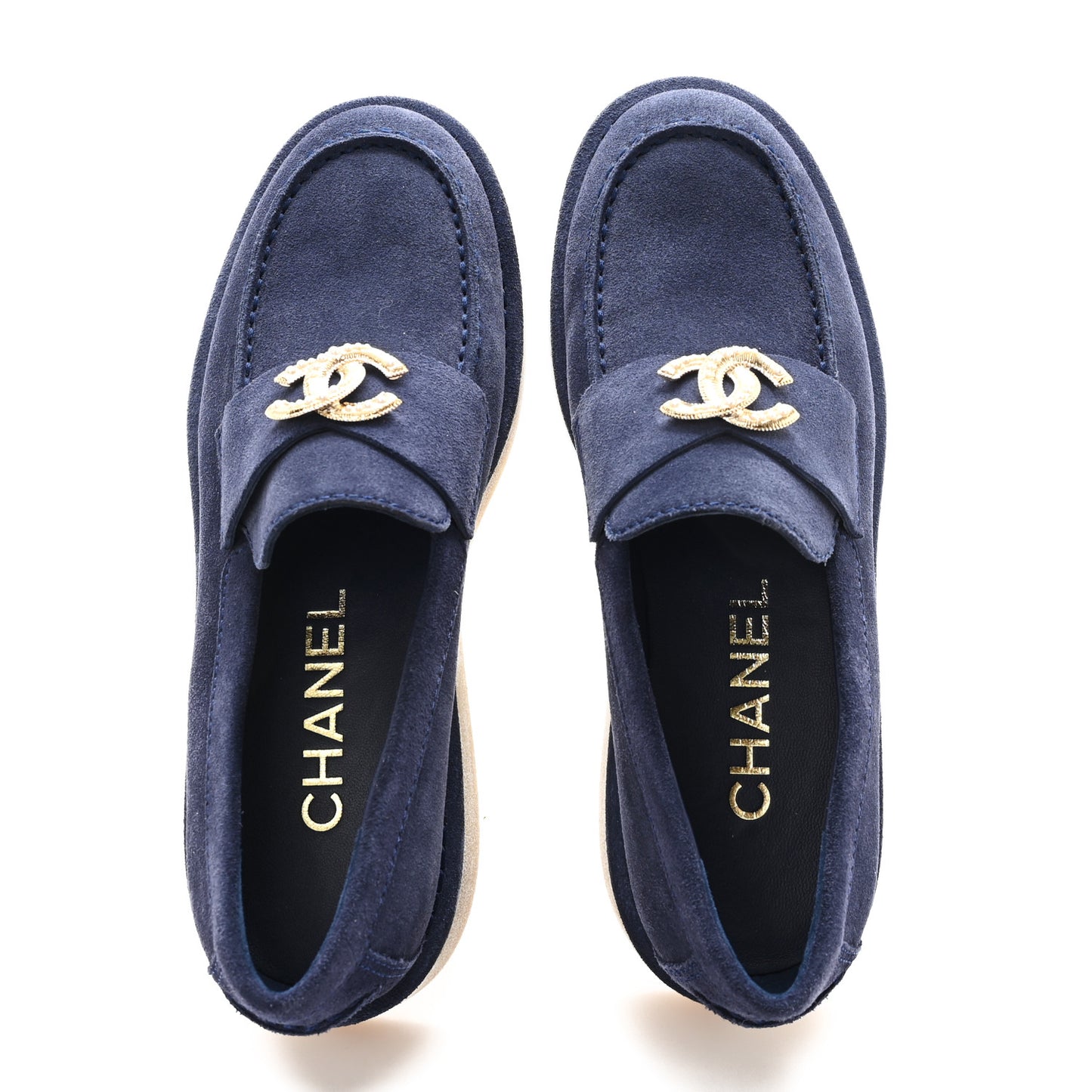 Suede Calfskin Pearl CC Moccasin Loafers 37 Navy