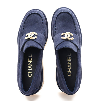 Chanel Suede Calfskin Pearl CC Moccasin Loafers 37 Navy 2 of 9