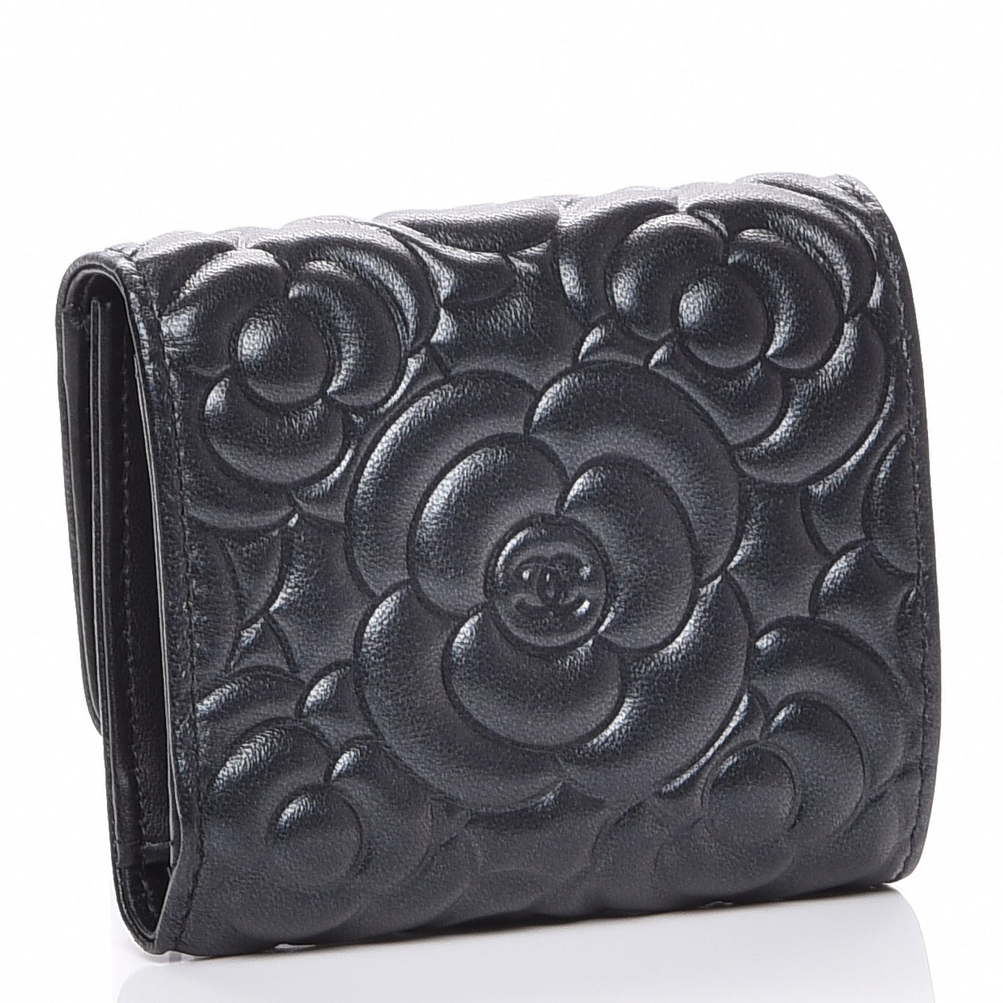 Lambskin Camellia Embossed Small Double Wallet Black